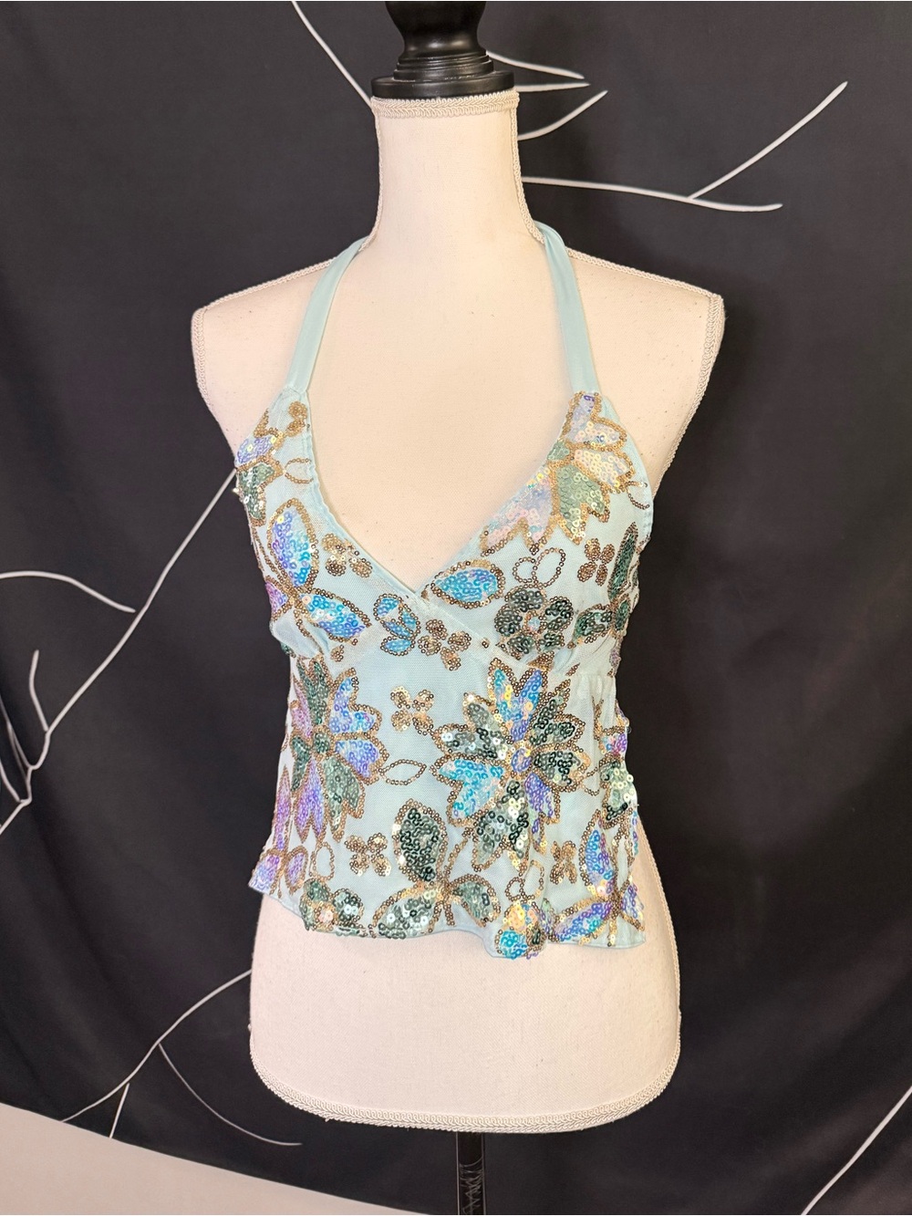 Embellished Light Blue Sequin Beaded Halter Top
